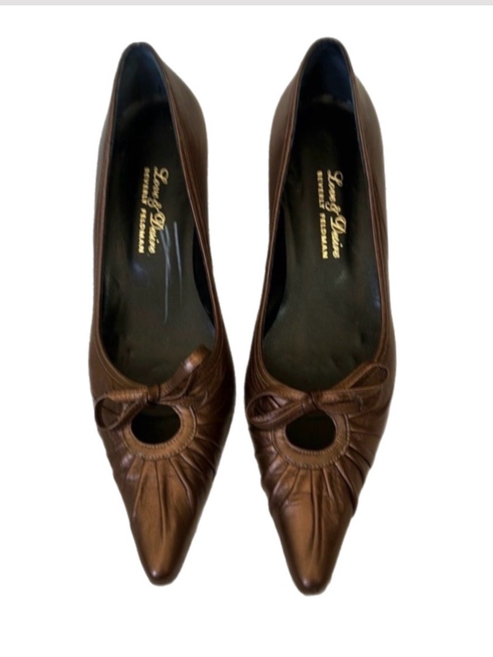 Beverly Feldman copper leather cut out bow kitten heels pointed toes shoes